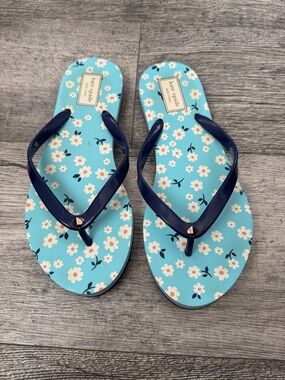 kate spade aqua floral flip flop sandals with navy straps